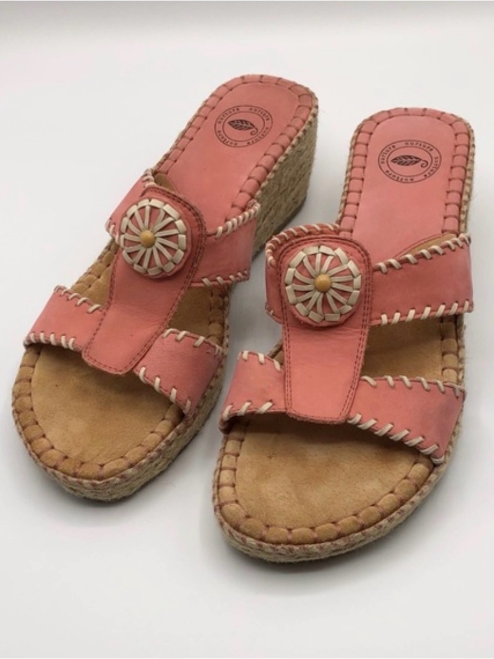 Wedge Slide Sandals in Coral Pink with Decorative Medallion